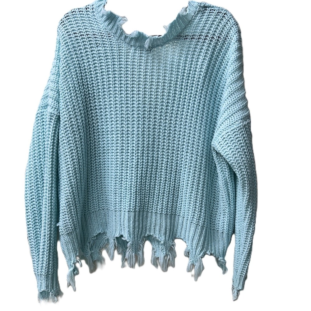 Miracle USA Light Blue Distressed V-Neck Sweater‎ M/L Pullover - Picture 4 of 16
